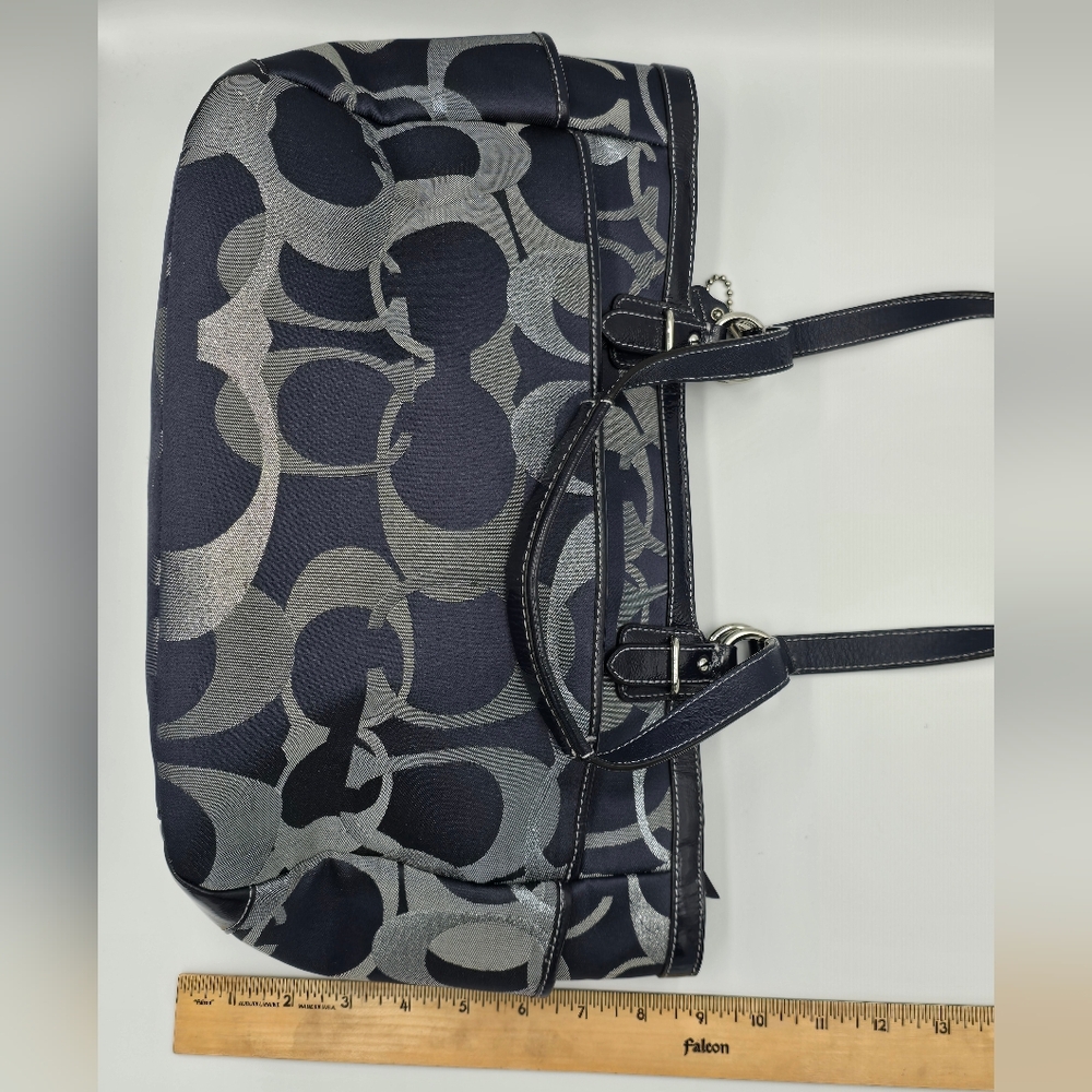 COACH F19664 Gallery Optic Sig Tote Shoulder Bag Navy Blue Jacquard Leather Trim - Picture 7 of 12